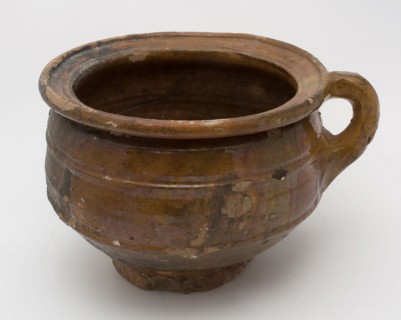 Pottery chamber pot, ease of use on stand, standing ear and wide neck opening, pot holder sanitary soil found ceramic