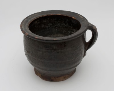 Pottery chamber pot, ease of use on stand, dark purple glazed, pot holder sanitary soil found ceramic earthenware glaze lead