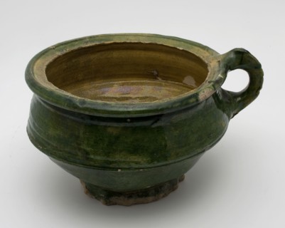Pottery chamber pot, easy to use on pinched stand, green and yellow glazed, pot holder sanitary earthenware ceramic earthenware