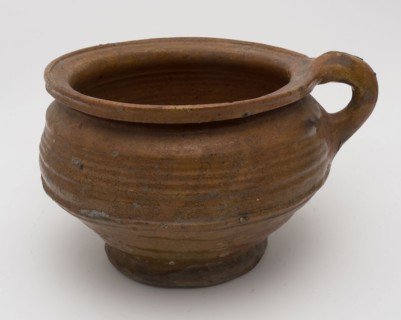 Earthenware chamber pot, ease of use on stand, double conical in shape with standing ear, pot holder sanitary soil found ceramic