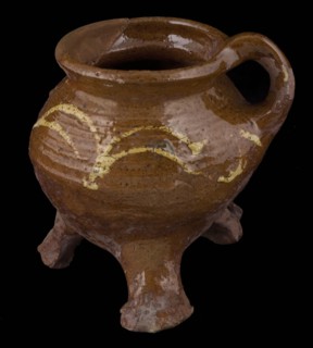 Pottery cooking jug, grape model, decorated in sludge technology, on three claw feet, grape cooking pot crockery holder