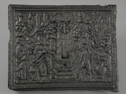 Fireback with biblical representation Jesus with Samaritan woman at the well, hob plate cast iron, cast Rectangular horizontal