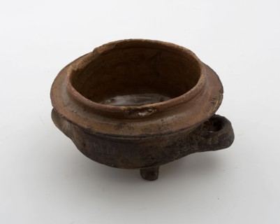 Pottery barley pan, toys, red shard, internal glazed, two sausage rolls, on three legs, griddle pan crockery holder kitchen