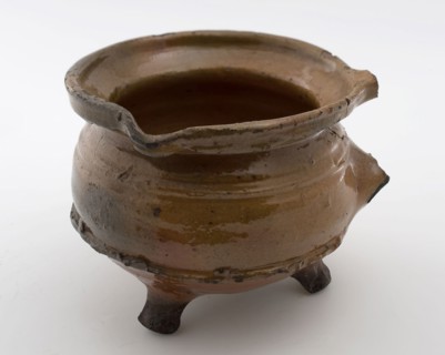 Pottery cooking jug, grape-model, red shard, glazed, shank, sausage ear, on three legs, cooking jug be found in the earthenware