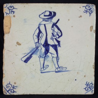 White tile with blue warrior; corner pattern ox head, wall tile tile sculpture ceramic earthenware glaze, baked 2x glazed
