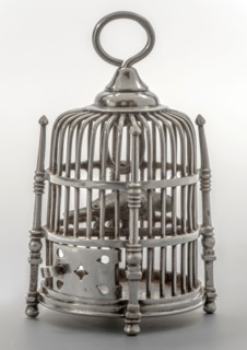Silversmith: Arnoldus van Geffen, Silver miniature bird cage with bird, birdcage holder dolls toys recreation miniature model