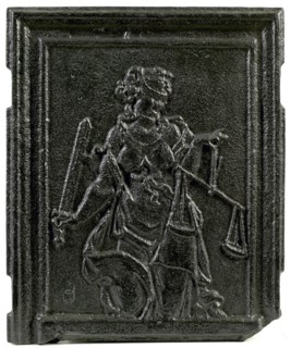 Fireback with Lady Justice, hob plate cast iron, cast Rectangular hob with depiction of Lady Justice holding the scale