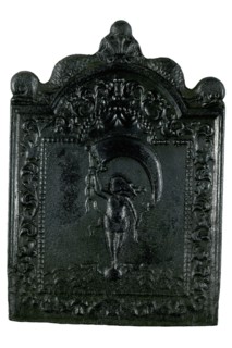 Fireback with 'De Fortuin', woman with streamer, hob plate cast iron, cast Rectangular hearth plate with bow In the middle