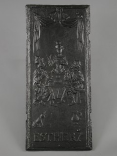 Fireback biblical representation Ester, text ESTHER 7, hob plate cast iron, cast Rectangular hob with biblical representation