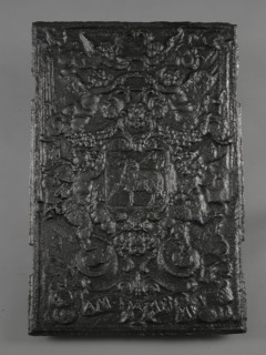 Adam Damen, Fireback coat of arms with Lamb of God, text ADAM DAMEN ME FECIT, hob plate cast iron, cast Rectangular hob