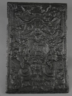 Adam Damen, Fireback coat of arms with sheep and stick, Lamb of God, text ADAM DAMEN ME FECIT, hob plate cast iron, cast