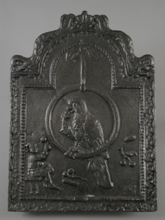 Fireback parrot in ring with child, text H M, fire place h 65.0, living environment interior heating