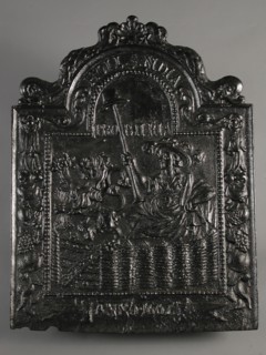 Fireback Dutch Virgin in garden, year 1667 and Hollandia Pro Patria, hob plate cast iron, cast Rectangular bow at the top.