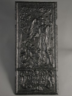 Fireback, angel with kneeling man, Tobias, text Tobie am Vicap, hob plate cast iron, cast Rectangular two notches on each side