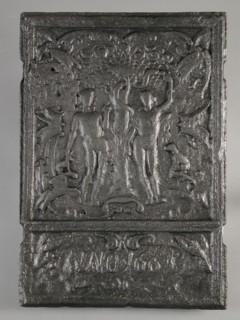Fireback Adam and Eve in paradise, the Fall, date 1665, hob plate cast iron, cast Rectangular with two notches on each side