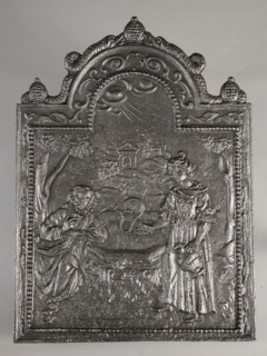 Fireplace biblical representation Jesus with Samaritan woman at the well, hob plate cast iron, cast Rectangular bow at the top