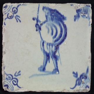 White tile with blue warrior; corner pattern ox head, wall tile tile sculpture ceramics pottery glaze, baked 2x glazed painted