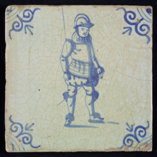 White tile with blue warrior; corner pattern ox head, wall tile tile sculpture ceramic earthenware glaze, baked 2x glazed