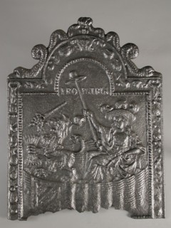 Fireback Dutch virgin in garden, text Pro Patria, hob plate cast iron, cast Rectangular bow at the top on which dolphins