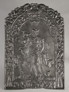 Fireback woman with two-headed snake, Prudentia, text G K, hob plate cast iron, cast Rectangular with arch at the top.
