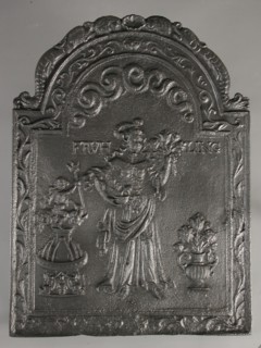 Fireplace Spring, text Frühling, fire place iron, cast Rectangular with arch at the top. On top of shell flanked by dolphins