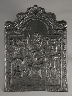 Fireback Neptune on three-horse mare, hob plate cast iron, cast Rectangular with arch at the top. On top of shell