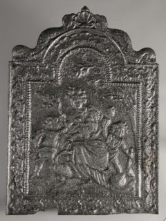 Fireback woman with three children is offered branch, the Love, fire place, cast Rectangular arch at the top. On top of shell