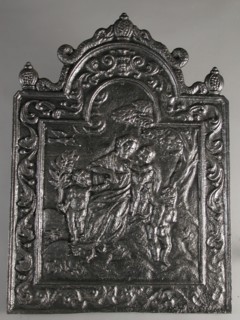 Fireback woman with three children is offered branch, the Love, fire place iron, Rectangular arch at the top.