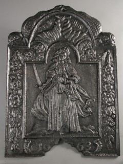 Fireback Lady Justice, Justice, year 1663, fire place, cast Rectangular with arch at the top where dolphins Wide edge