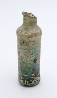 Medicine Bottle, medicine bottle bottle holder soil find glass, free blown and shaped Small (medicine?) Bottle in clear light