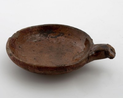 Small earthenware toy saucepan, red shard, partially glazed, on pinched stand fins, saucepan pan tableware holder kitchenware