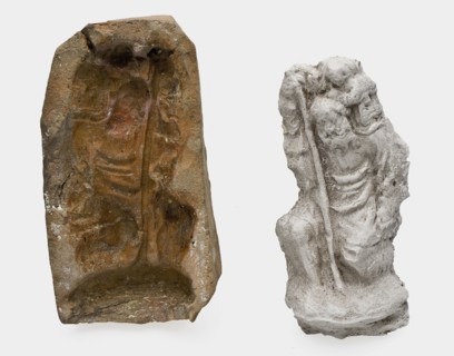 Pottery mold for pipe decoration Holy Christoffel and plaster cast, mold tools equipment earth discovery ceramics pottery, hand