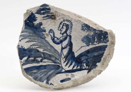 Dish with kneeling Christ, dish crockery holder soil find ceramic earthenware glaze tin glaze lead glaze, hand turned baked 2x