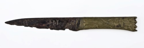 Steel knife with machined copper handle, on which JHESUS and MARIA, knife cutlery soil find iron steel bronze metal, forged