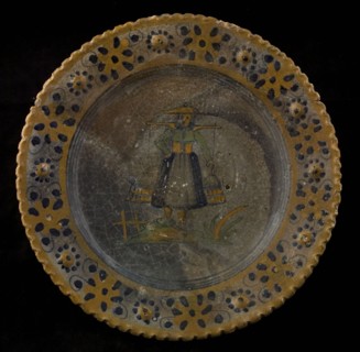Majolica dish with polychrome border and image of woman with yoke and buckets, dish plate crockery holder earth discovery