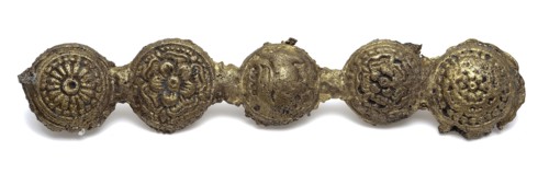 Five brass round buttons, connected (semi-finished), knot clothing accessory semi-finished clothing soil find brass copper metal