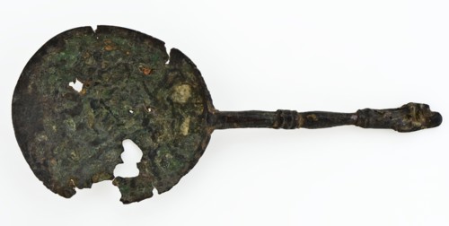 Brass spoon with oval bowl and thin handle with Madonna and child on the end, spoon cutlery soil find brass metal, Copper spoon