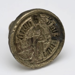 Bronze seal stamp with female figure, coat of arms and edge lettering, seal stamp stamp equipment ground find bronze brass metal