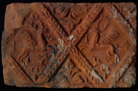 Hearthstone, from Antwerp Belgium, without frame, with winged deer in glass, fireplace stone part ceramic brick glaze, baked