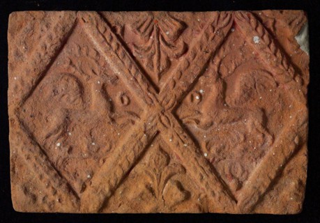 Hearthstone, from Antwerp Belgium, without frame, with winged deer in glass, hearth fireplace part ceramic brick glaze, fired