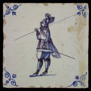 White tile with blue warrior; corner pattern ox head, wall tile tile sculpture ceramic earthenware glaze, baked 2x glazed