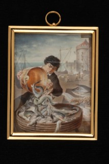 M. Snyders, Miniature painting with fisherman plunging fish into large bucket from bucket, painting sculpture dolls toy relaxing