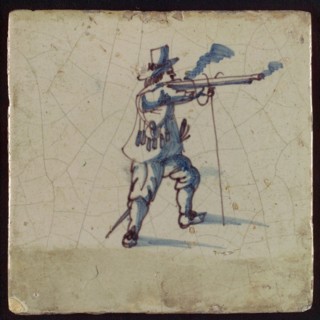 Tile, blue and purple on white, shooting musketeer, wall tile tile sculpture ceramic earthenware glaze, baked 2x glazed painted