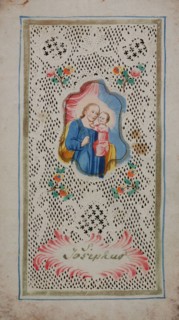 Print in which fine lace has been cut, surrounding image of St. Josef with the child, church print picture material paper