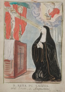 Cornelis van Merlen, Communion print with . Rita de Cassia, ord. Erem. S. Augustini depicting nun who kneels