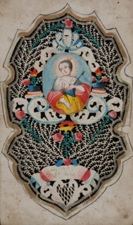 Print in which very fine lacework is cut, surrounding image of female saint with halo, church print picture material paper