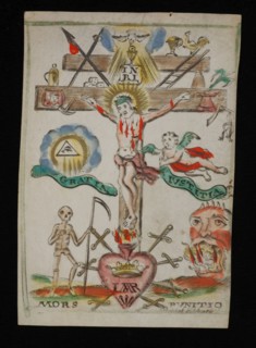Engraver: Michiel Cabbaey, Print with crucified Christ, surrounded by symbols of Christian virtues and concepts, church print