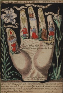 Th. van Merlen, Picture with an image hand, with human figure drawn in each finger representing an assignment written above