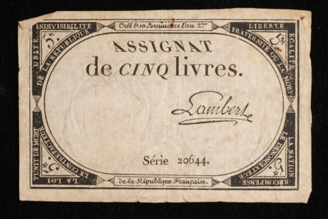 Assignaat of cinq livres, with decorative border in which text, assignaat paper money money swap paper, printed White note