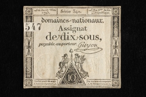 Assignment of dix sous, with decorative edge with revolutionary spells and inscription, assignate paper money money swap paper